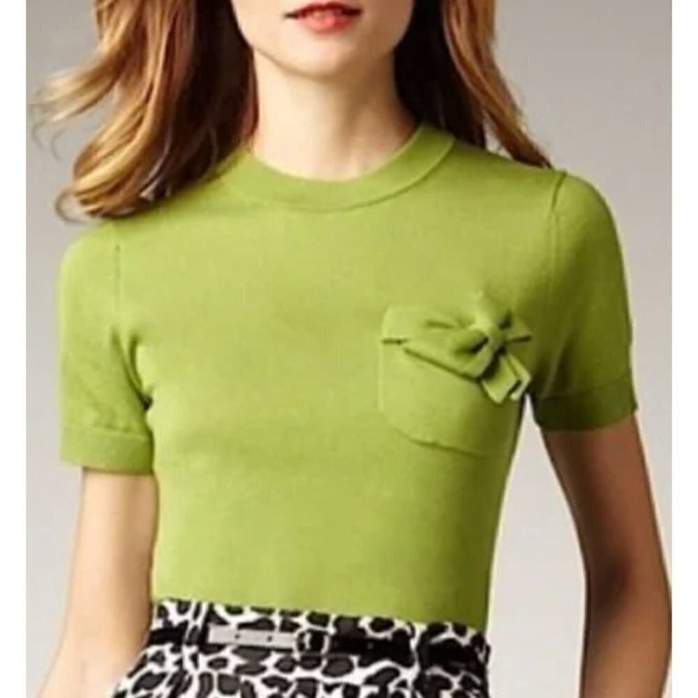 Kate Spade Black Silk Blend Bow Pocket Crew Short Sleeve Pullover Sweater Small - Picture 7 of 7